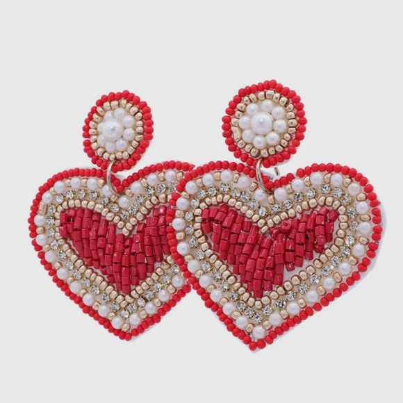 Red Heart Beaded and Rhinestone Earrings - Picture 1 of 2